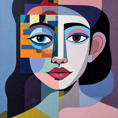The primary subject of the image is a woman's face, which is depicted in two different colors. The setting is a blue background, and the visual style appears to be a digital art or illustration. The colors and mood of the image are predominantly pink and purple, giving it a warm and inviting atmosphere.
